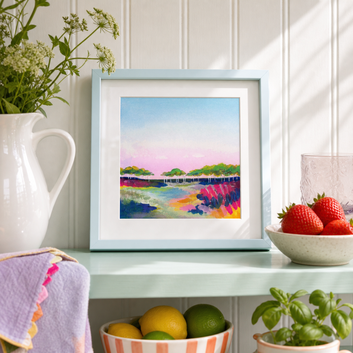 Walden by Amber Miro, fine art print of the Walden Pond footbridge, in a pale blue frame on a kitchen shelf