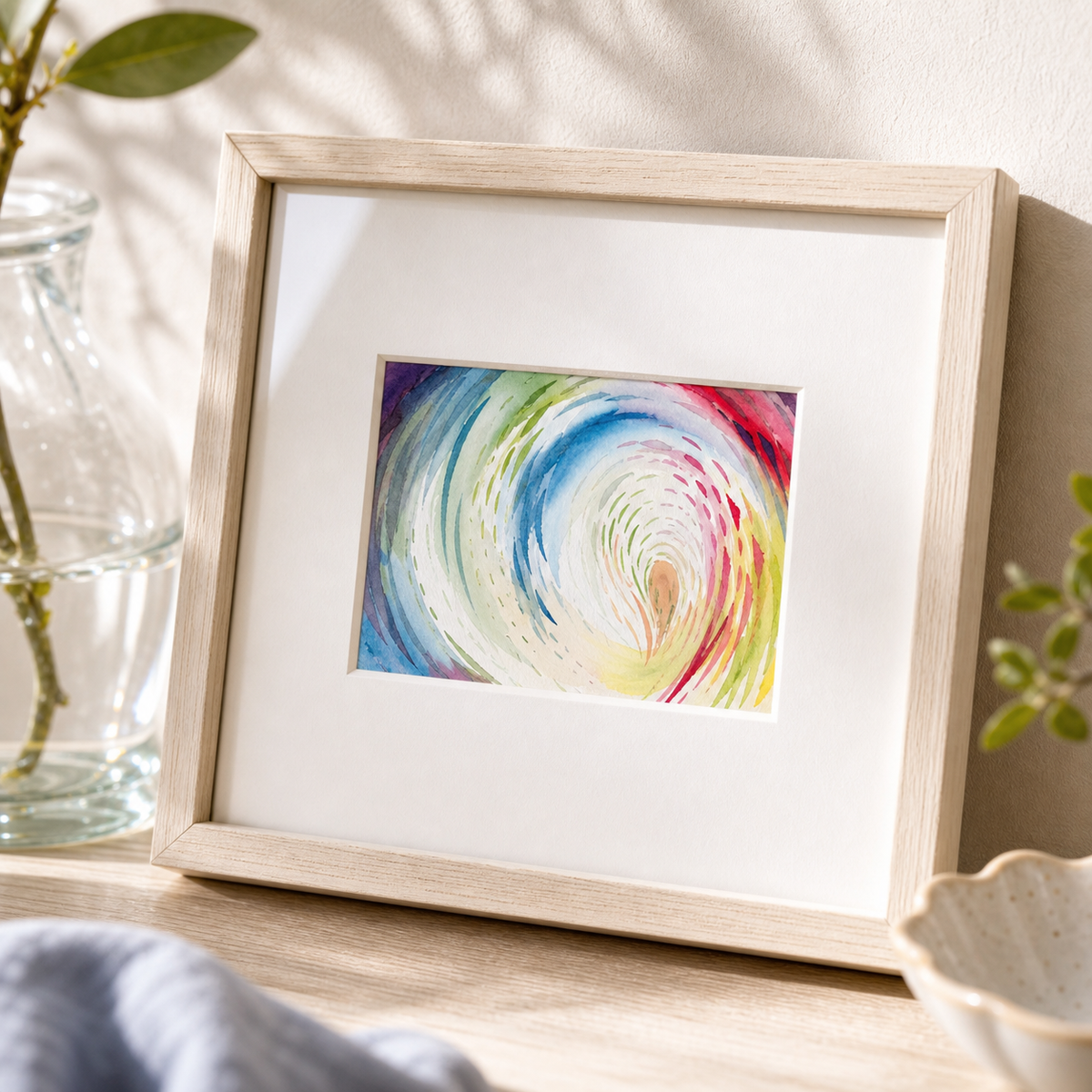 Wave by Amber Miro, original small abstract of a blue, teal, and pink curl, angled view in a light wood frame