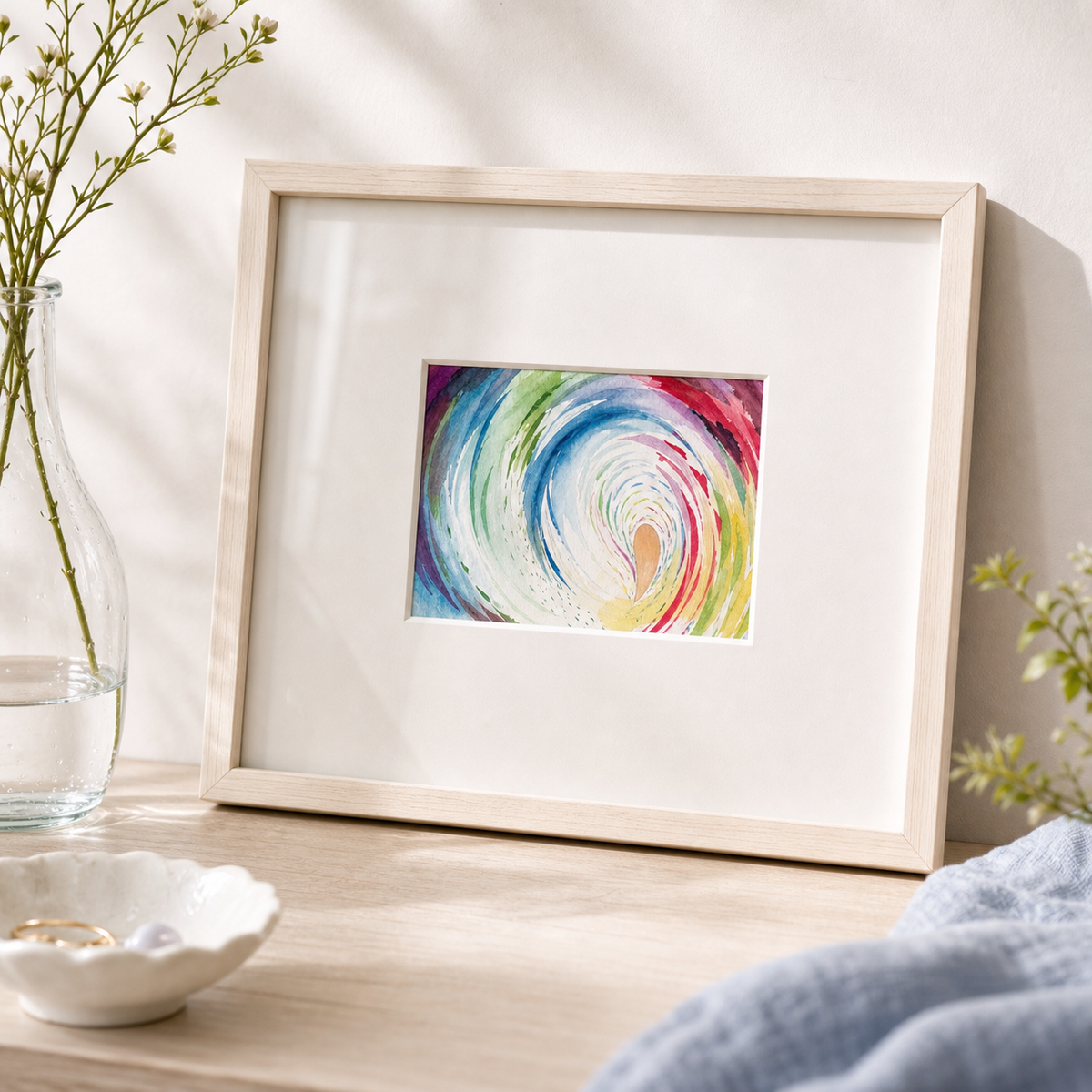 Wave by Amber Miro, original small abstract of a blue, teal, and pink curl, leaning on a table in a light wood frame